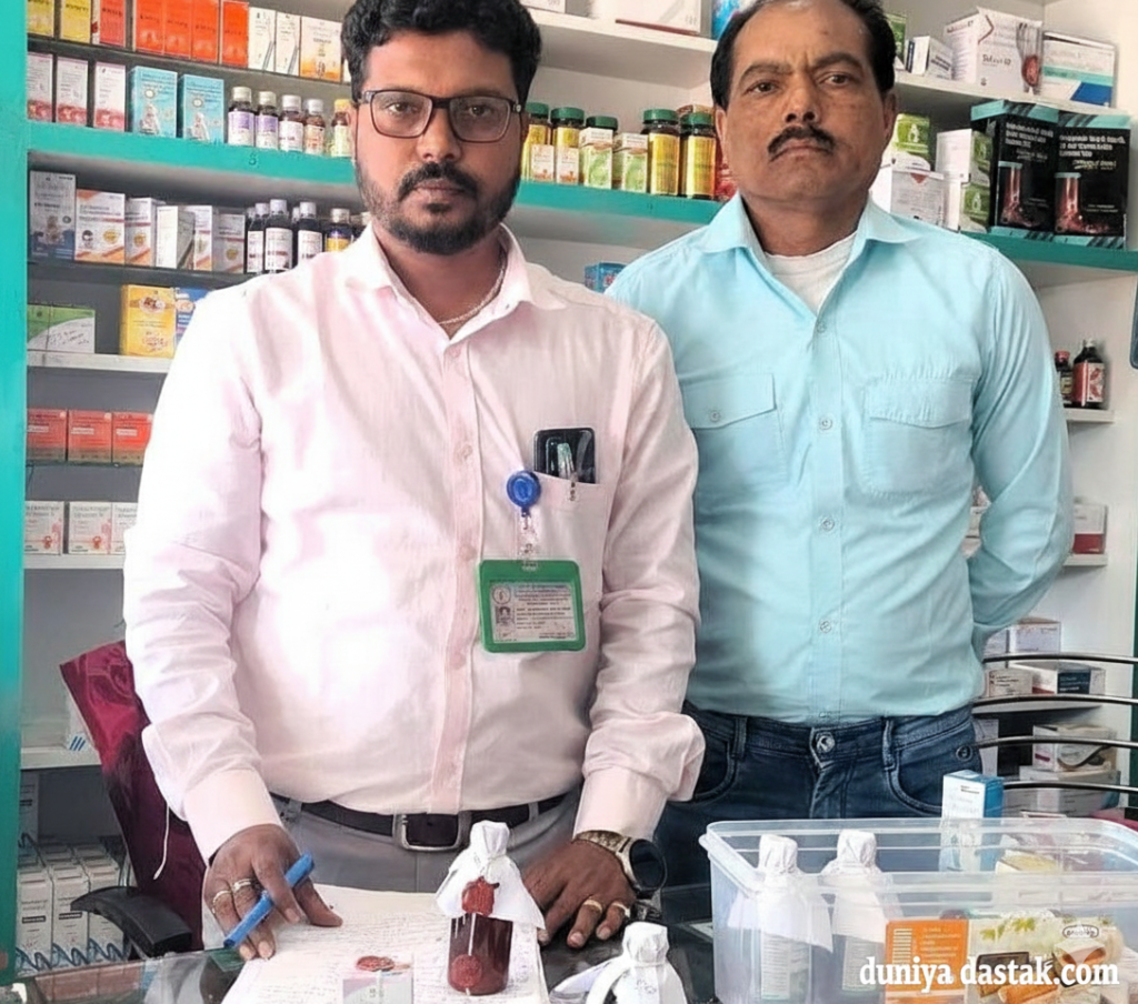 पाण्डुका के मेडिकल स्टोर में औषधि निरीक्षक धर्मवीर सिंह ध्रुव द्वारा दवाओं के नमूने जब्त करने की कार्रवाई