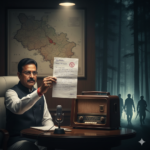 छत्तीसगढ़ के गृहमंत्री विजय शर्मा हाथ में नक्सलियों का पत्र लिए हुए और सामने टेबल पर एक पुराना रेडियो रखा है, जो आत्मसमर्पण की बातचीत का प्रतीक है