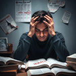 परीक्षा के तनाव में सिर पकड़कर बैठा एक छात्र और सामने खुली किताबों पर फेल का निशान