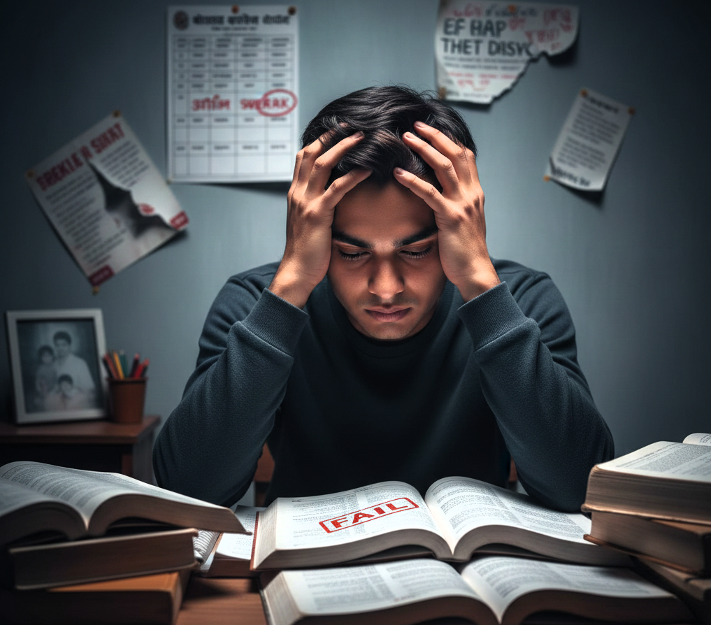 परीक्षा के तनाव में सिर पकड़कर बैठा एक छात्र और सामने खुली किताबों पर फेल का निशान